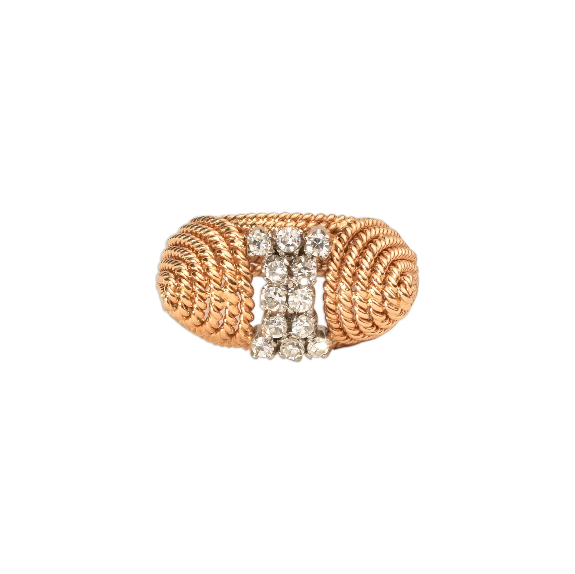 Modernist 18K Diamond Cluster Cocktail Ring, Woven Yellow Gold Dome Ring, Estate Jewelry, 5 1/4 US - Good's Vintage