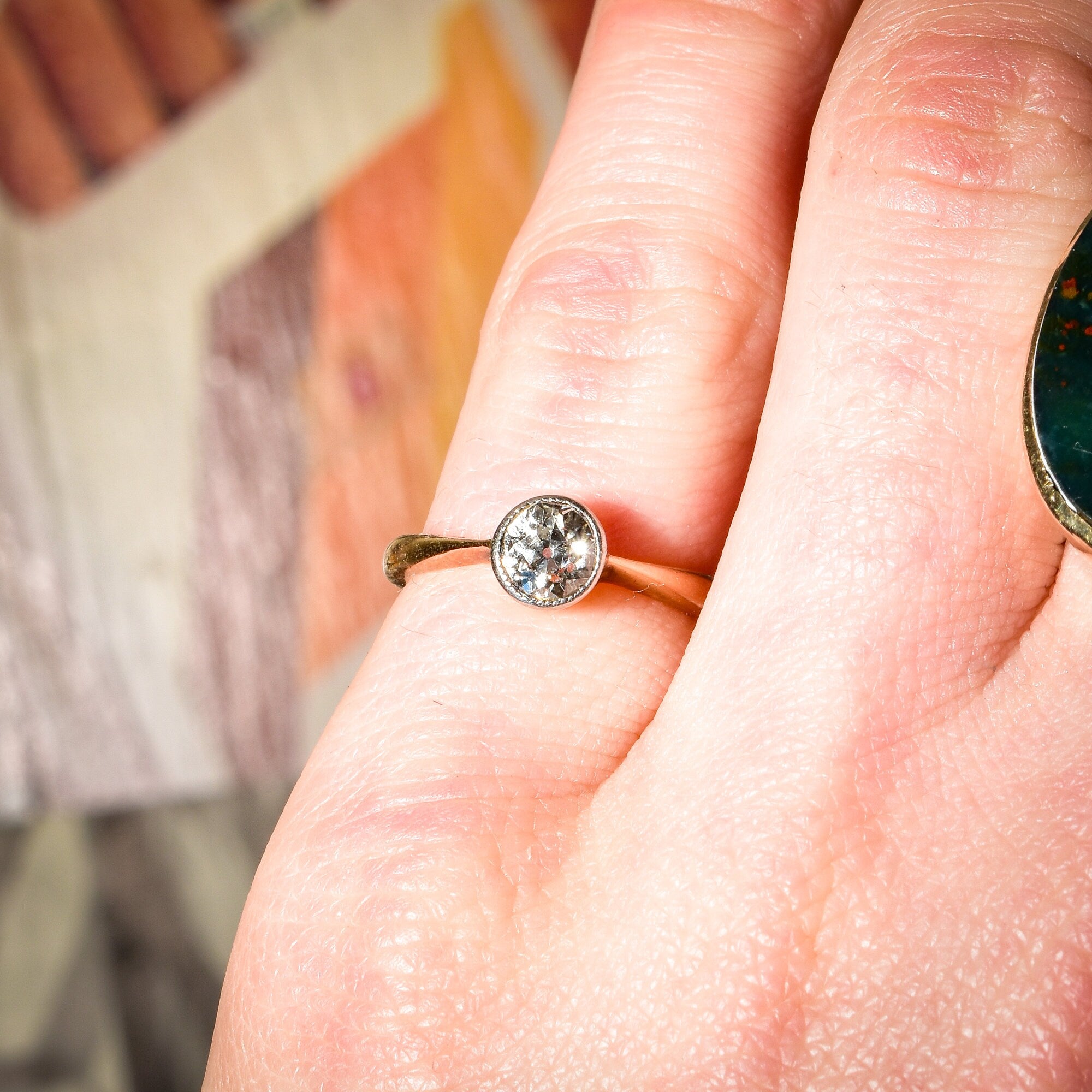 OEC Diamond Engagement Ring In 14K Gold, 5/8 CT Milgrain Bezel-Set Diamond Solitaire, Estate Jewelry, 5 1/2