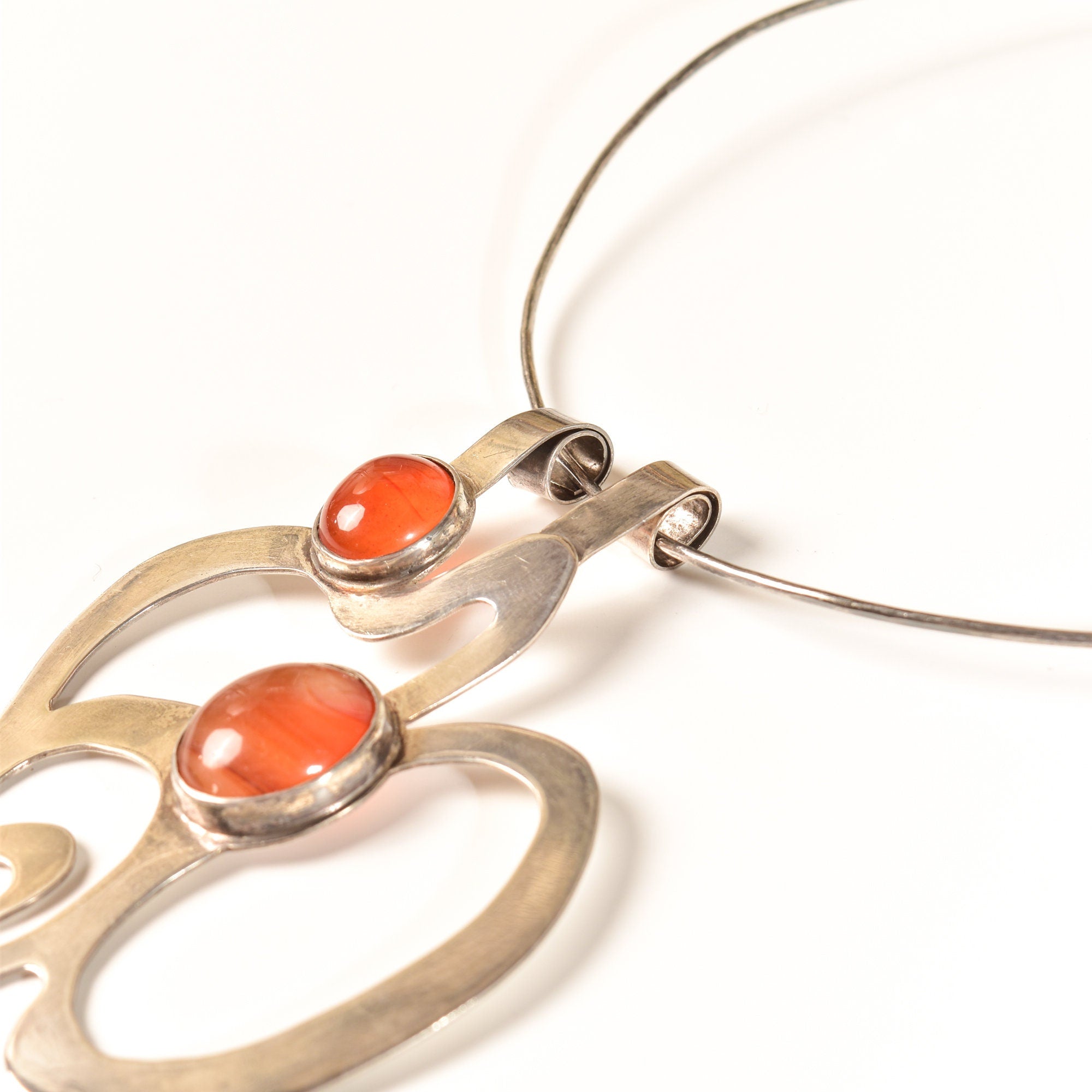 Abstract Modernist Sterling Silver Amber Pendant Collar Necklace, Large Cutout Pendant, Flex Wire Collar, 14" L