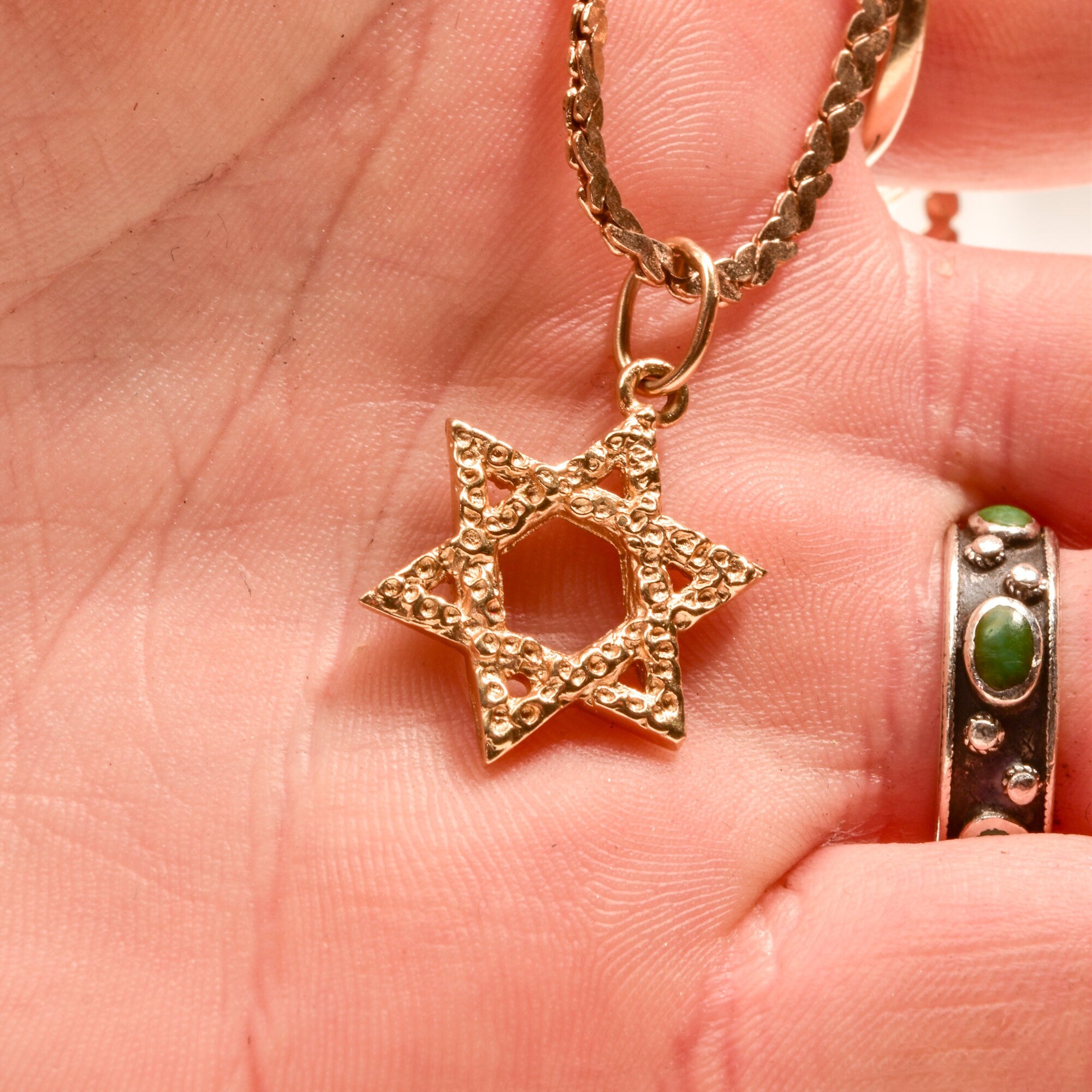 Modernist 14K Star Of David Pendant, Textured Yellow Gold Pendant, Vintage Judaica Jewelry, 30mm