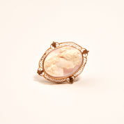 10K Pink Cameo Pendant Brooch Pin, Yellow Gold Filigree Setting, Floral Motifs, Estate Jewelry, 35mm