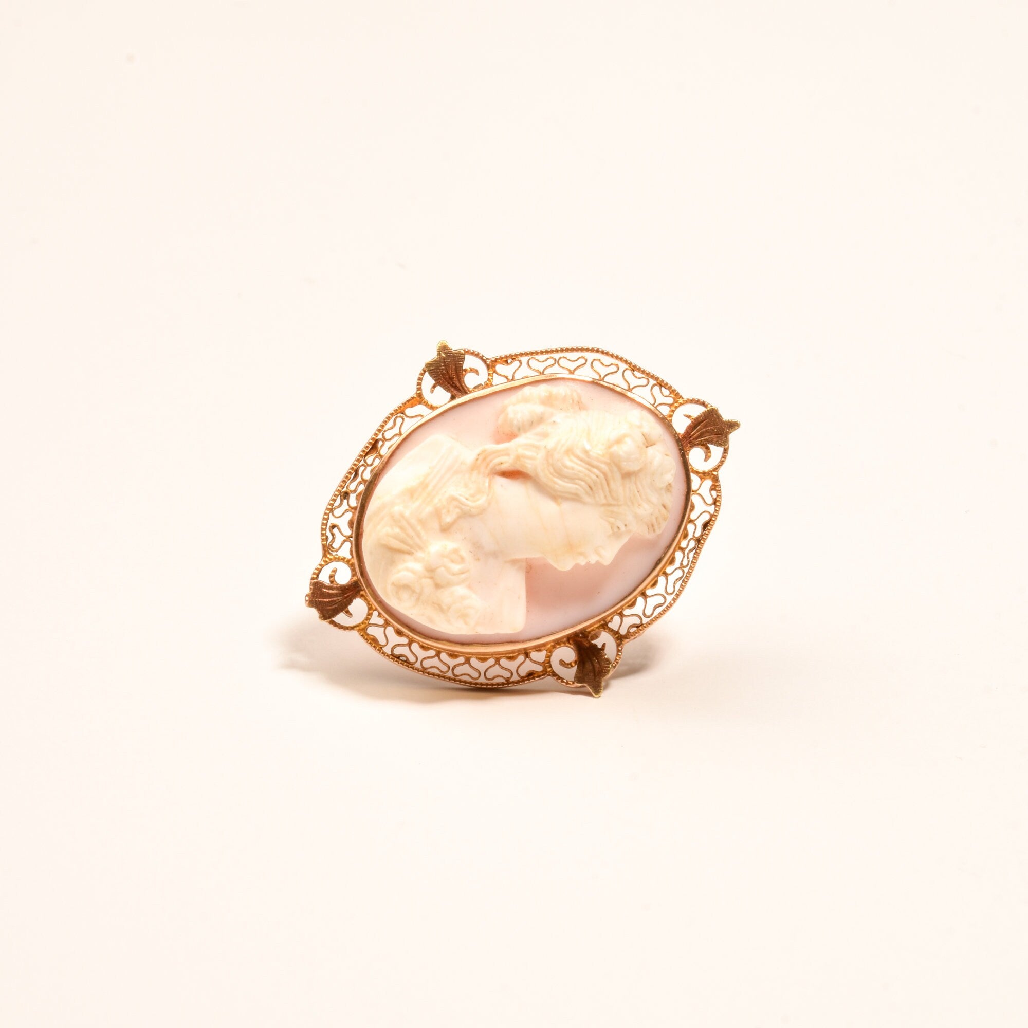 10K Pink Cameo Pendant Brooch Pin, Yellow Gold Filigree Setting, Floral Motifs, Estate Jewelry, 35mm