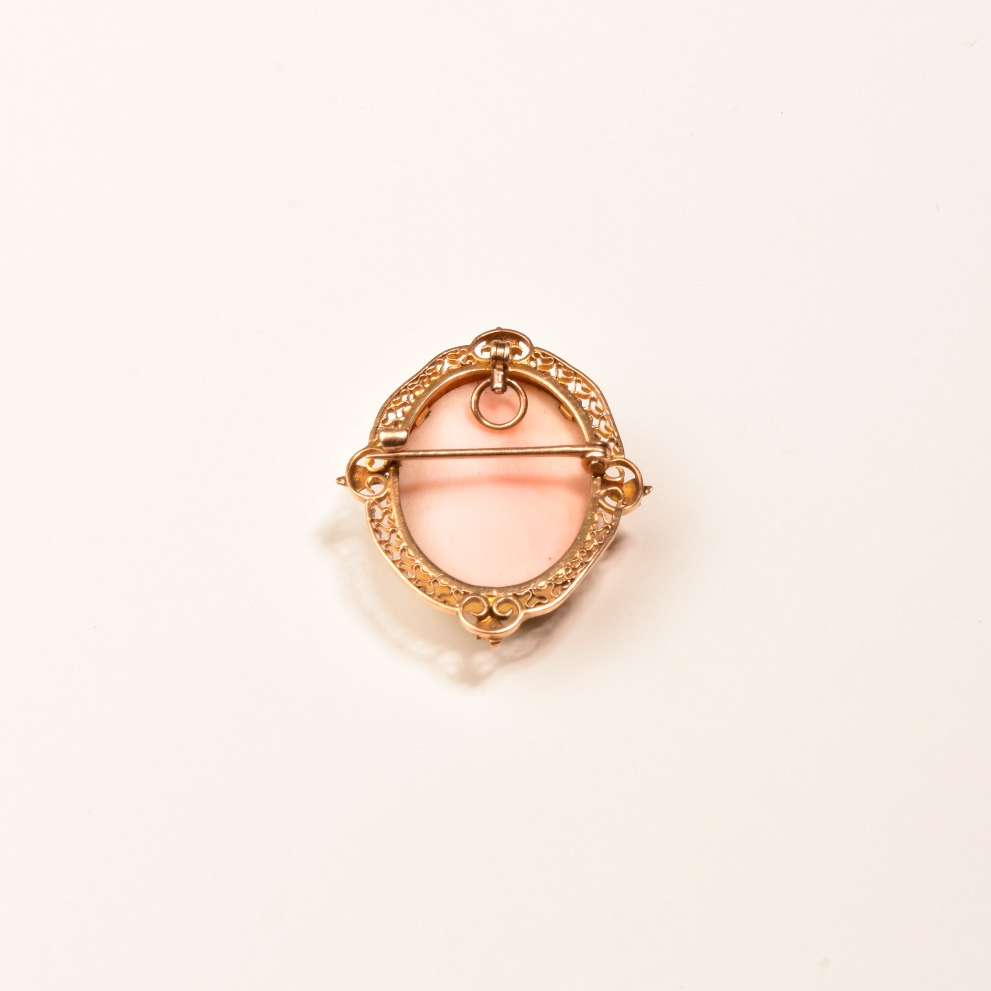 10K Pink Cameo Pendant Brooch Pin, Yellow Gold Filigree Setting, Floral Motifs, Estate Jewelry, 35mm