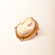 10K Pink Cameo Pendant Brooch Pin, Yellow Gold Filigree Setting, Floral Motifs, Estate Jewelry, 35mm