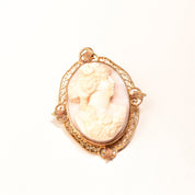 10K Pink Cameo Pendant Brooch Pin, Yellow Gold Filigree Setting, Floral Motifs, Estate Jewelry, 35mm