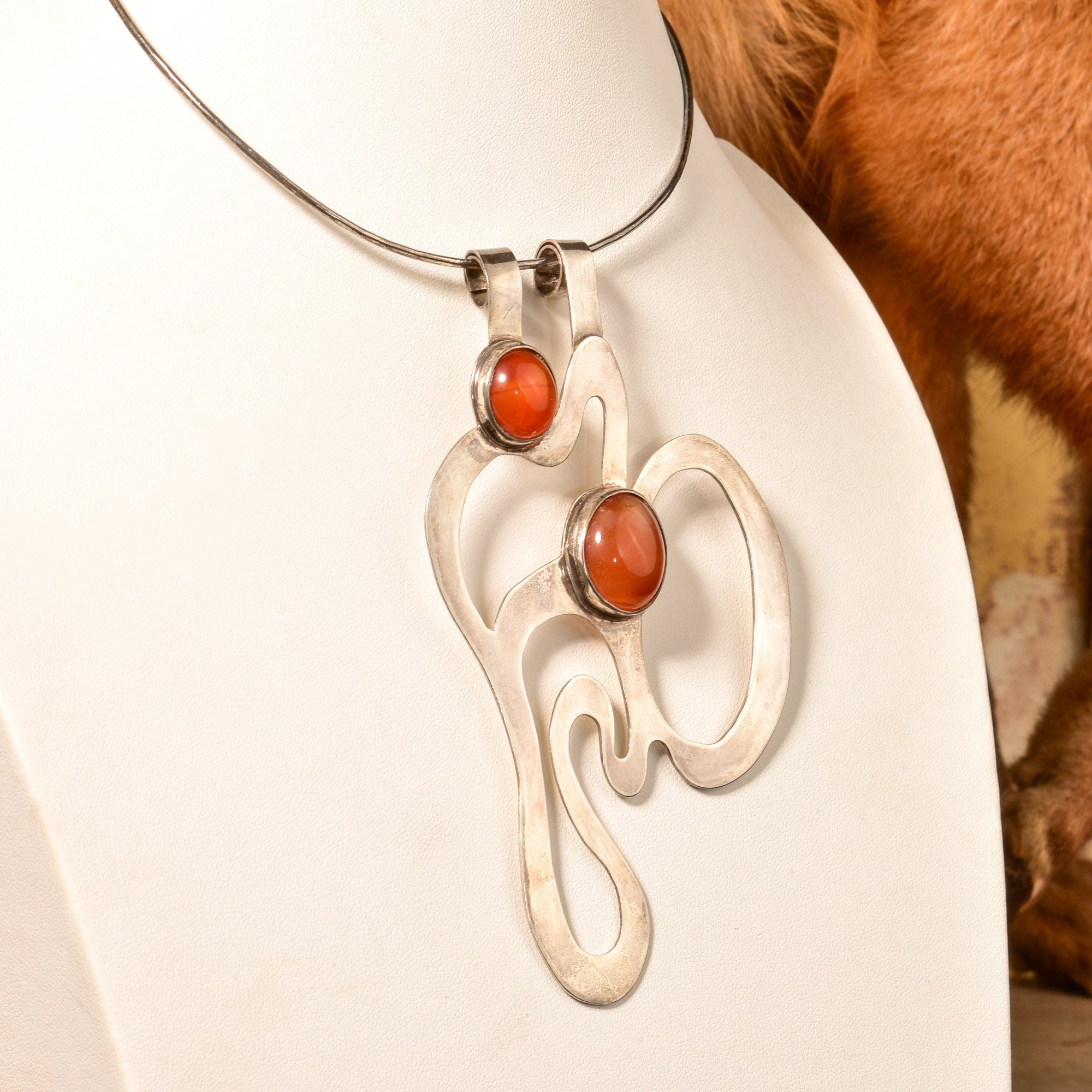 Abstract Modernist Sterling Silver Pendant Necklace, Large Cutout Cabochon Pendant, Flex Wire Collar, 14" L