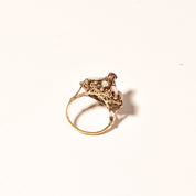 14K gold ornate vintage cocktail ring with pink ruby and white opal accents, harem or Thai princess style ballerina design, size 6 1/4 US.