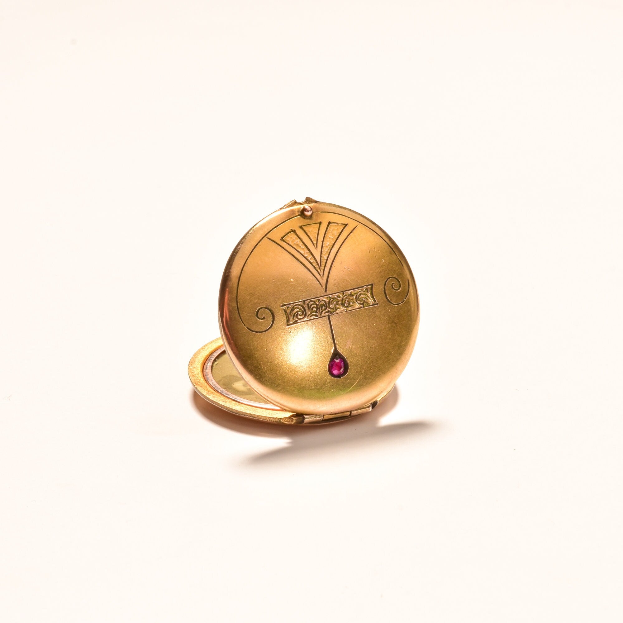 Victorian Gold Filled Locket Pendant, Garnet Accent, Engraved Motifs, Antique Locket, Mourning Jewelry, 35mm