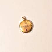 Victorian Gold Filled Locket Pendant, Garnet Accent, Engraved Motifs, Antique Locket, Mourning Jewelry, 35mm