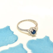1970's Platinum Sapphire Diamond Halo Engagement Ring, Minimalist Gemstone Ring, Size 5 1/4 US