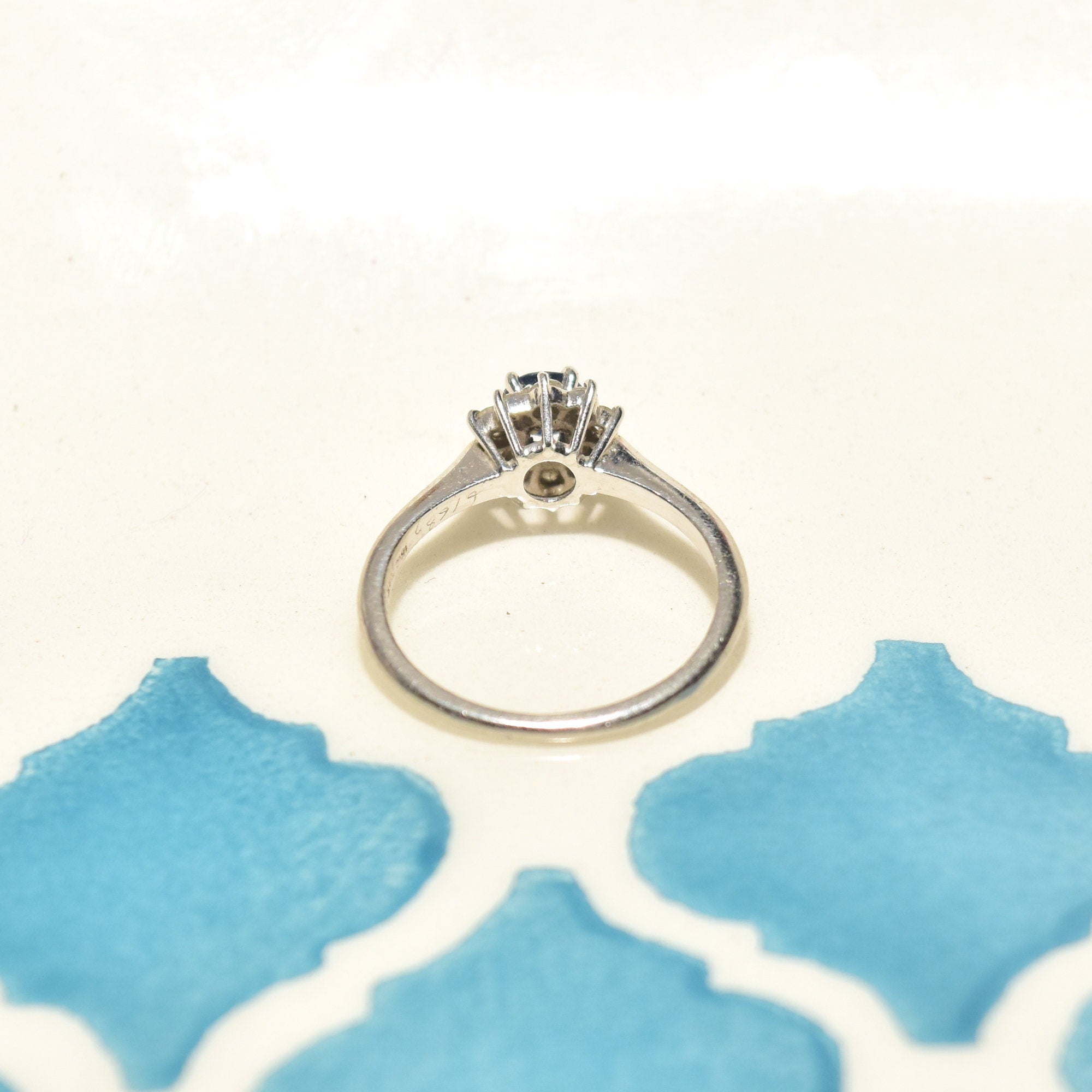 1970's Platinum Sapphire Diamond Halo Engagement Ring, Minimalist Gemstone Ring, Size 5 1/4 US