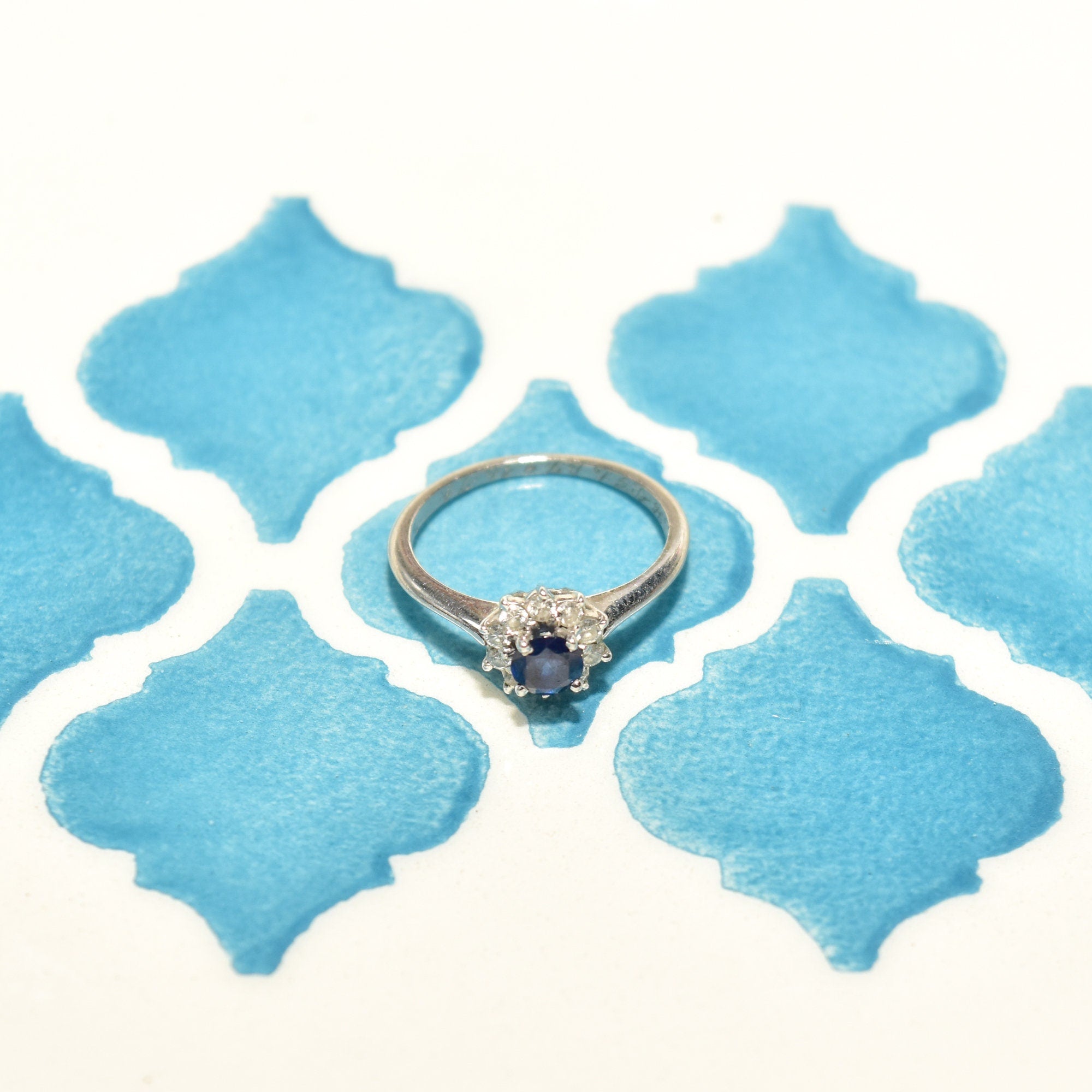 1970's Platinum Sapphire Diamond Halo Engagement Ring, Minimalist Gemstone Ring, Size 5 1/4 US
