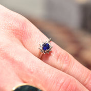 1970's Platinum Sapphire Diamond Halo Engagement Ring, Minimalist Gemstone Ring, Size 5 1/4 US