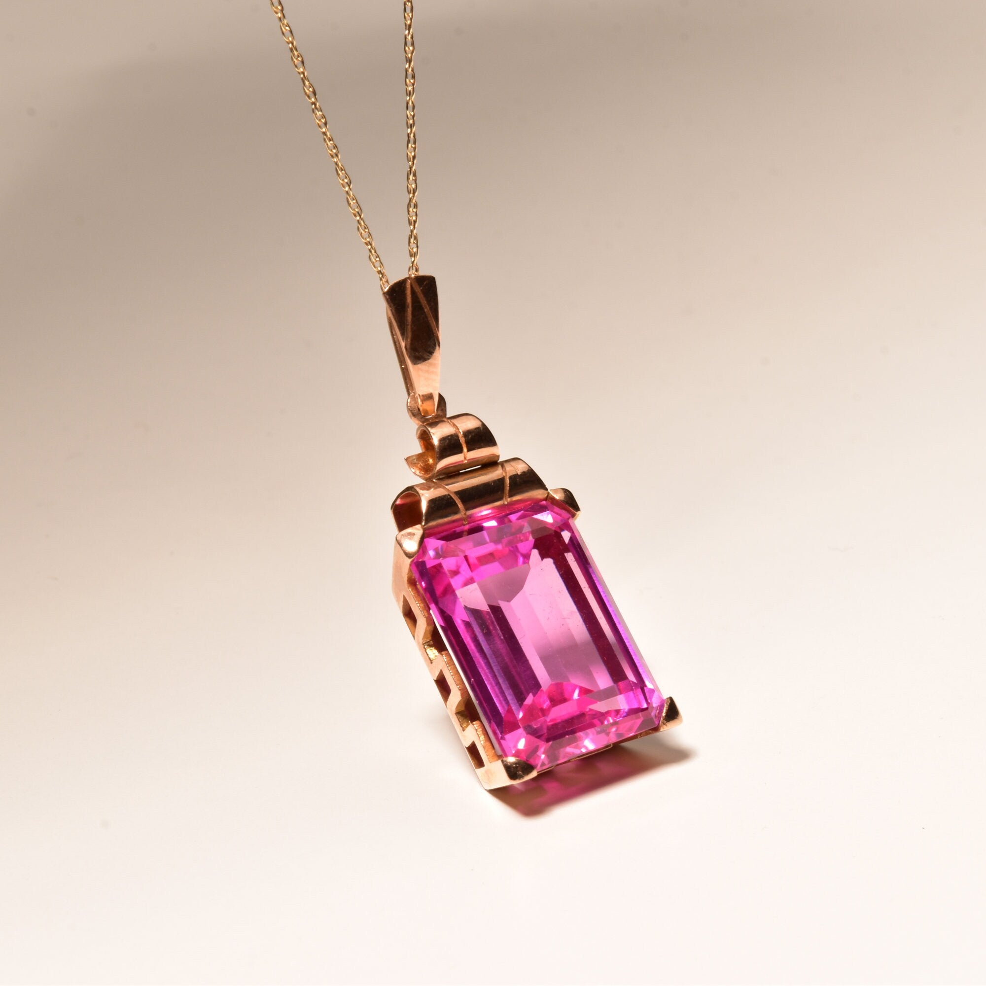 Estate 18K Emerald-Cut Pink Topaz Solitaire Pendant, Geometric Gold Setting, Large Gemstone Pendant, 36mm