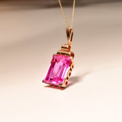 Estate 18K Emerald-Cut Pink Topaz Solitaire Pendant, Geometric Gold Setting, Large Gemstone Pendant, 36mm