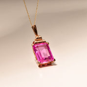 Estate 18K Emerald-Cut Pink Topaz Solitaire Pendant, Geometric Gold Setting, Large Gemstone Pendant, 36mm