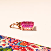 Estate 18K Emerald-Cut Pink Topaz Solitaire Pendant, Geometric Gold Setting, Large Gemstone Pendant, 36mm