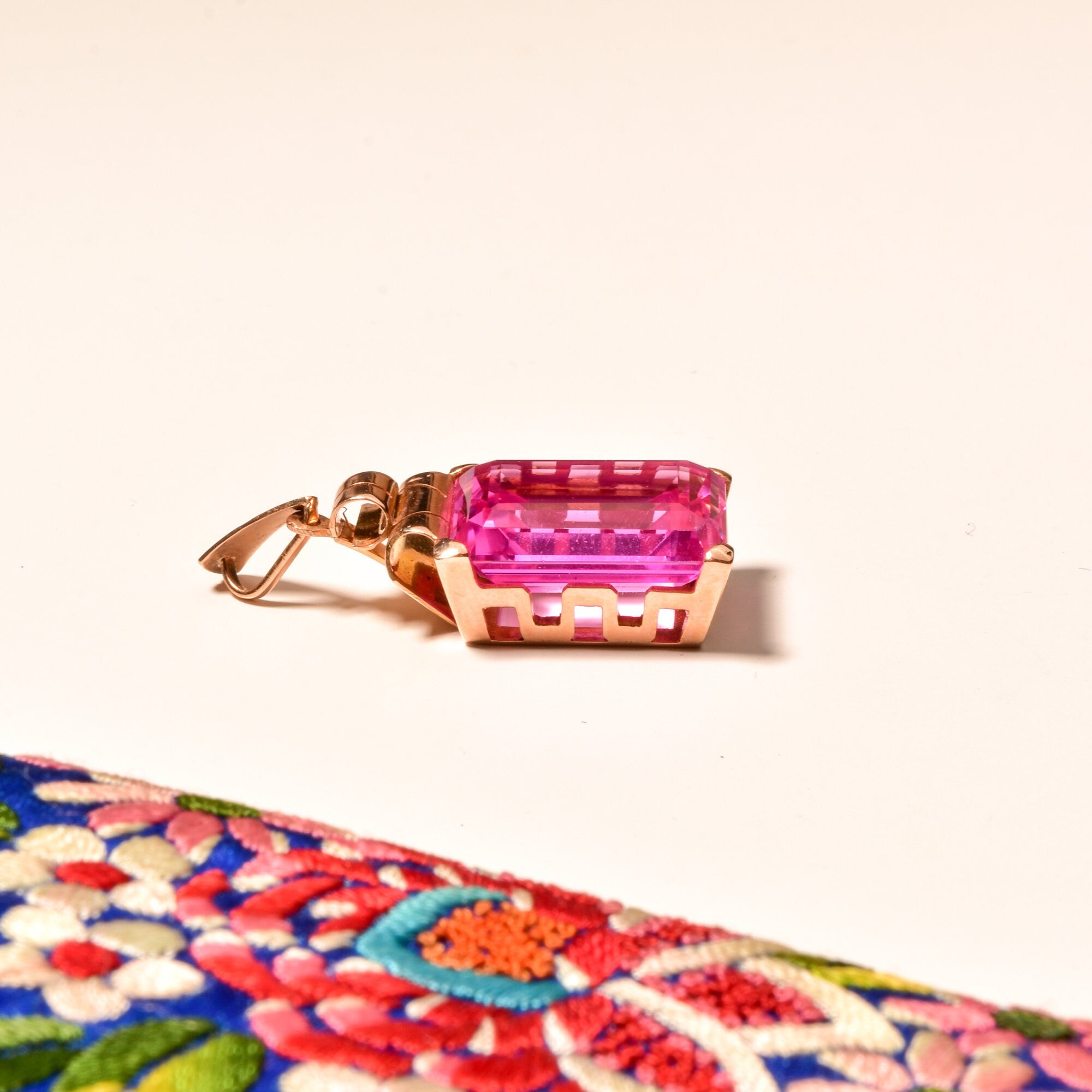 Estate 18K Emerald-Cut Pink Topaz Solitaire Pendant, Geometric Gold Setting, Large Gemstone Pendant, 36mm