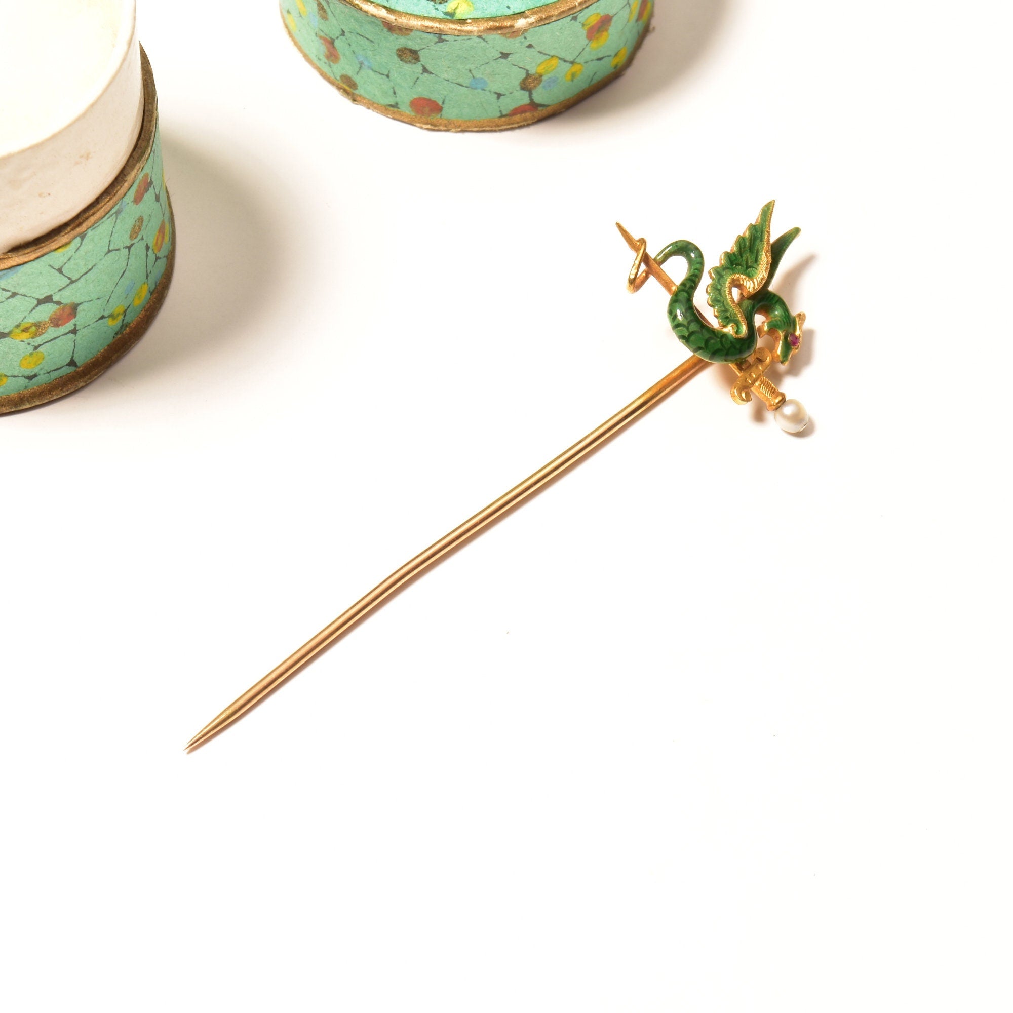 Art Nouveau 14K Enameled Seed Pearl Dragon Stick Pin, Yellow Gold Hat Pin, Japanese Dragon & Sword Motif, 5.5cm