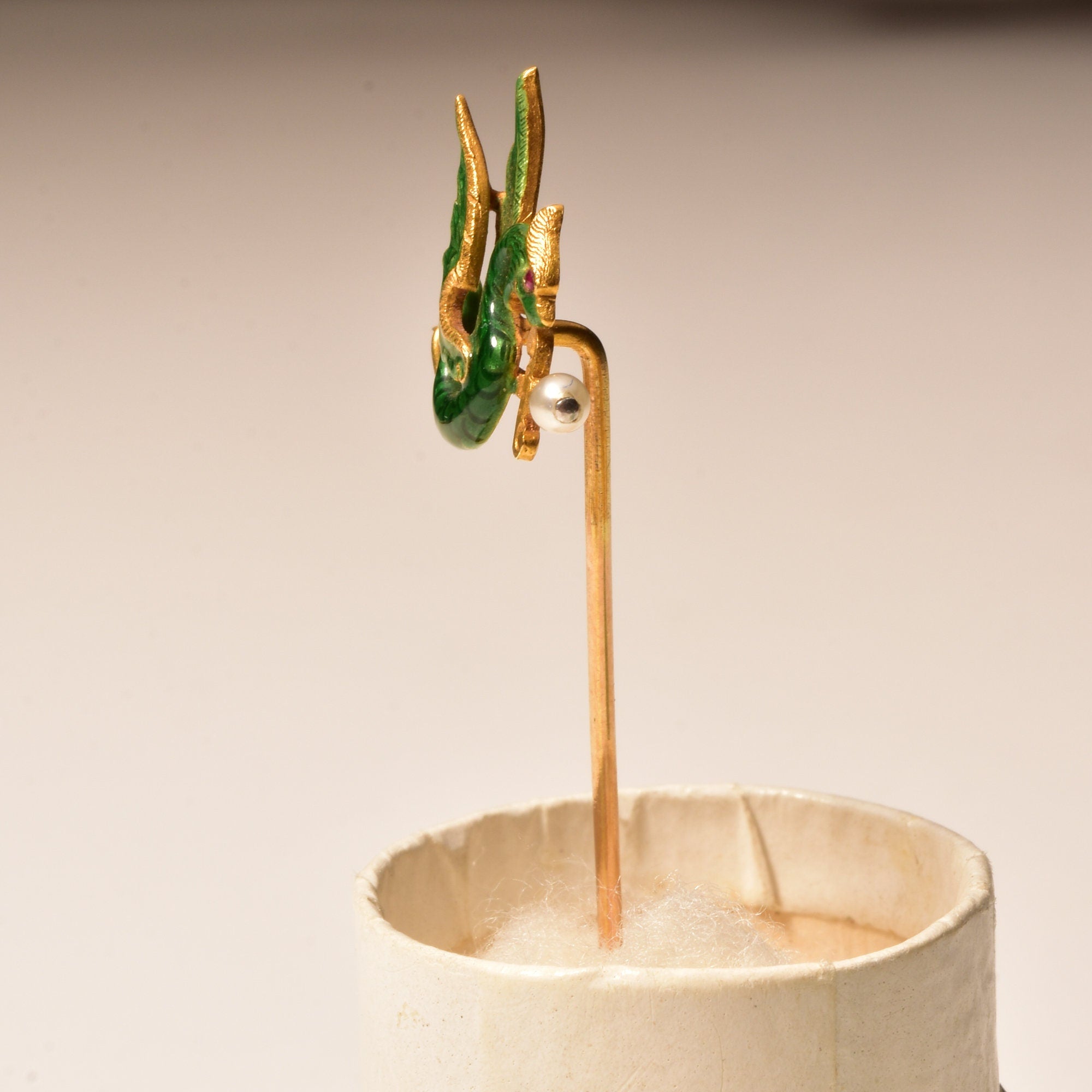 Art Nouveau 14K Enameled Seed Pearl Dragon Stick Pin, Yellow Gold Hat Pin, Japanese Dragon & Sword Motif, 5.5cm