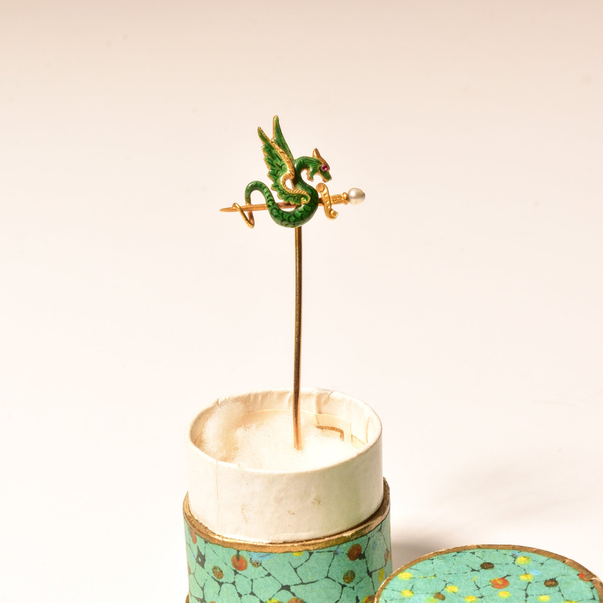 Art Nouveau 14K Enameled Seed Pearl Dragon Stick Pin, Yellow Gold Hat Pin, Japanese Dragon & Sword Motif, 5.5cm