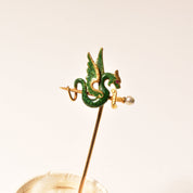 Art Nouveau 14K Enameled Seed Pearl Dragon Stick Pin, Yellow Gold Hat Pin, Japanese Dragon & Sword Motif, 5.5cm