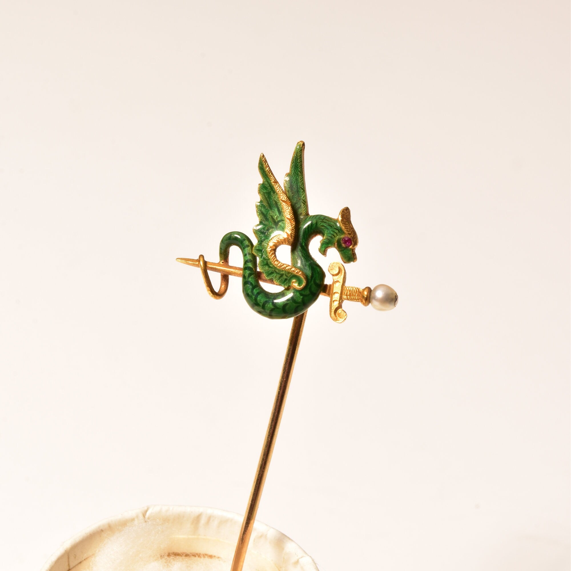Art Nouveau 14K Enameled Seed Pearl Dragon Stick Pin, Yellow Gold Hat Pin, Japanese Dragon & Sword Motif, 5.5cm