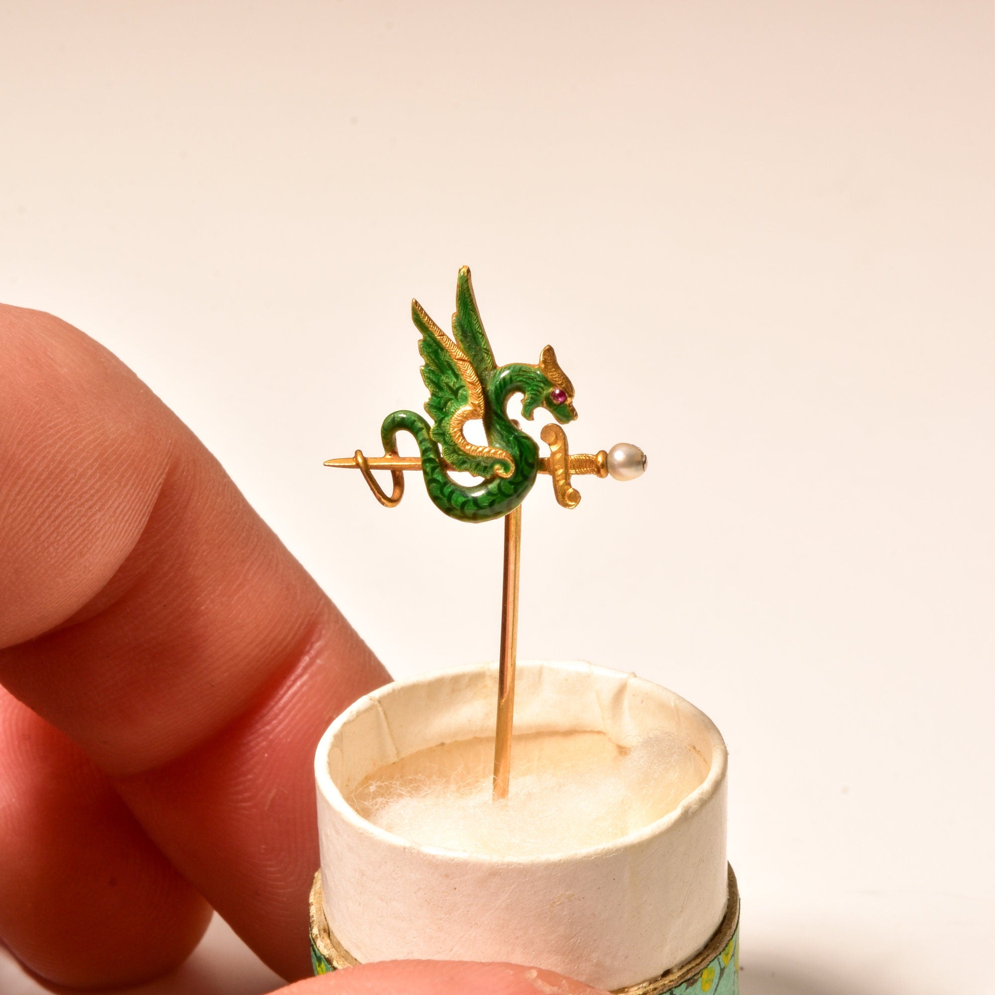 Art Nouveau 14K Enameled Seed Pearl Dragon Stick Pin, Yellow Gold Hat Pin, Japanese Dragon & Sword Motif, 5.5cm
