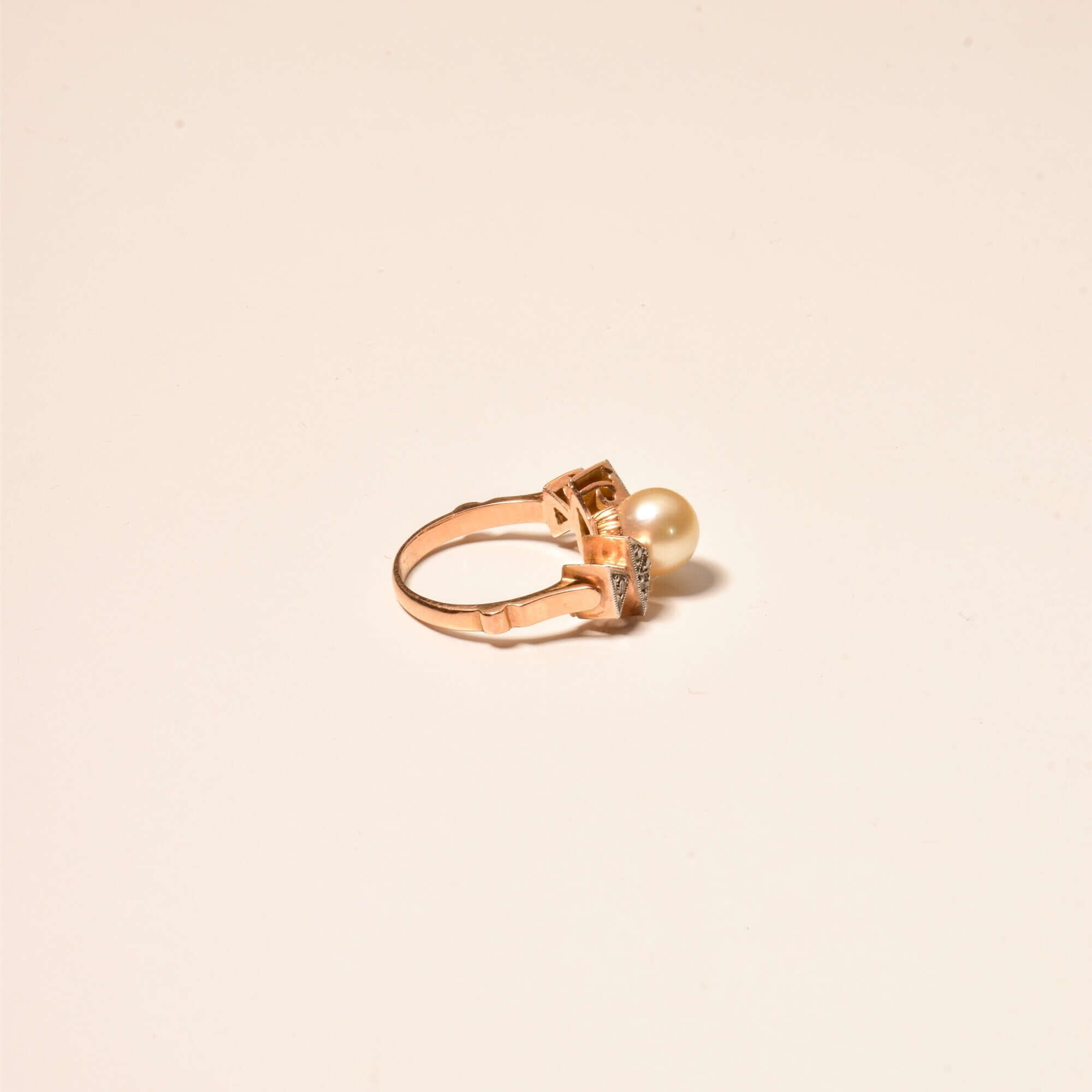Art Deco Two-Tone Pearl Diamond Accent Ring In 18K Gold