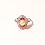 Edwardian Pearl Pink Ruby Diamond Halo Cocktail Ring In 14K White Gold, Estate Jewelry, Size 6 1/2 US