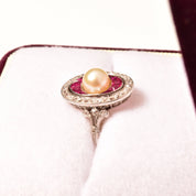 Edwardian Pearl Pink Ruby Diamond Halo Cocktail Ring In 14K White Gold, Estate Jewelry, Size 6 1/2 US