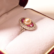 Edwardian Pearl Pink Ruby Diamond Halo Cocktail Ring In 14K White Gold, Estate Jewelry, Size 6 1/2 US