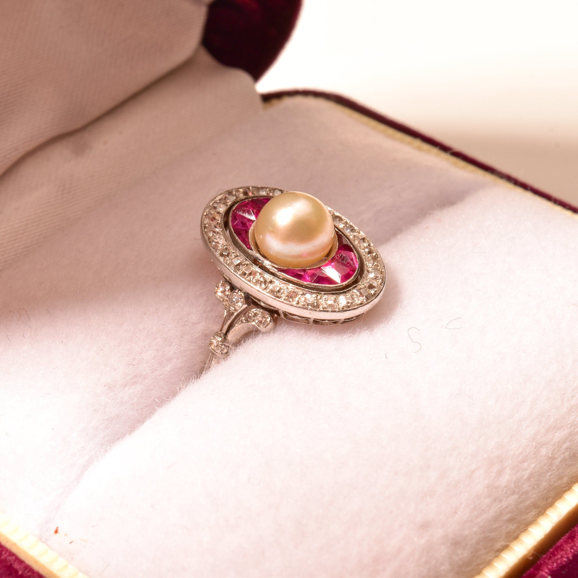 Edwardian Pearl Pink Ruby Diamond Halo Cocktail Ring In 14K White Gold, Estate Jewelry, Size 6 1/2 US