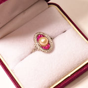 Edwardian Pearl Pink Ruby Diamond Halo Cocktail Ring In 14K White Gold, Estate Jewelry, Size 6 1/2 US