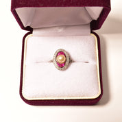 Edwardian Pearl Pink Ruby Diamond Halo Cocktail Ring In 14K White Gold, Estate Jewelry, Size 6 1/2 US