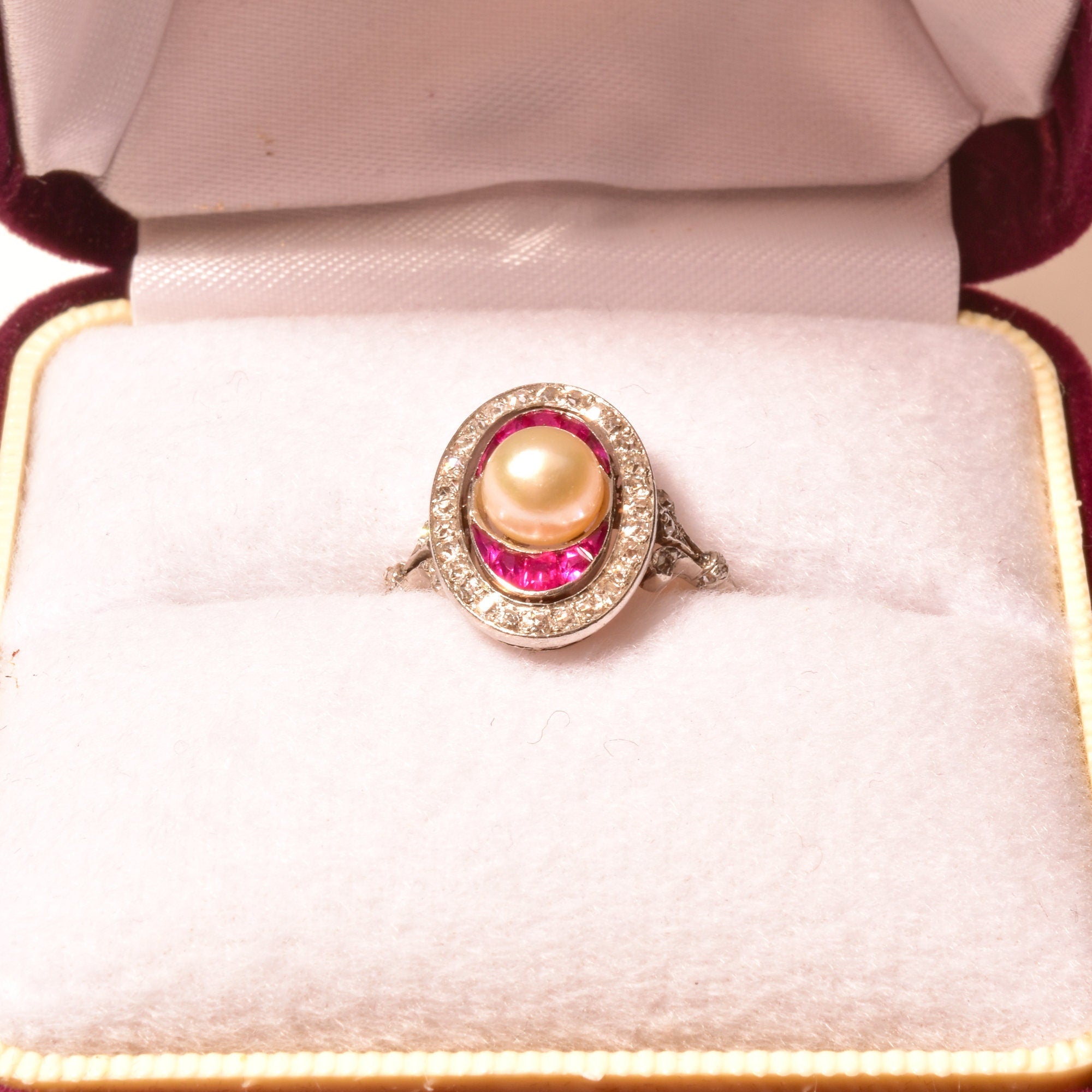 Edwardian Pearl Pink Ruby Diamond Halo Cocktail Ring In 14K White Gold, Estate Jewelry, Size 6 1/2 US