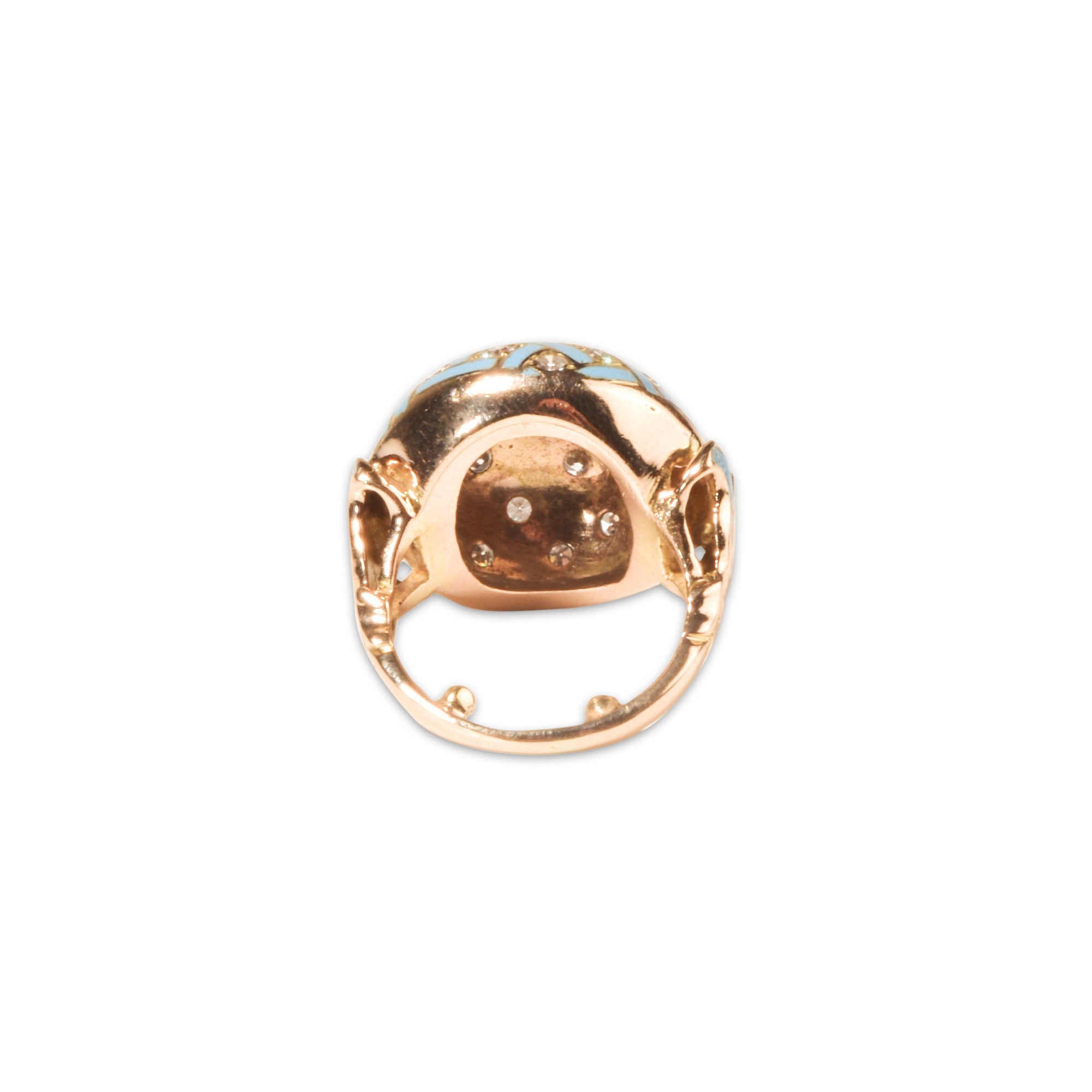 Estate 14K Enamel Diamond Cluster Dome Ring, Baby Blue Gingham Pattern Bombe Ring, Van Cleef Style, 3 1/2-5 US