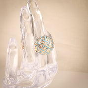 Estate 14K Enamel Diamond Cluster Dome Ring, Baby Blue Gingham Pattern Bombe Ring, Van Cleef Style, 3 1/2-5 US
