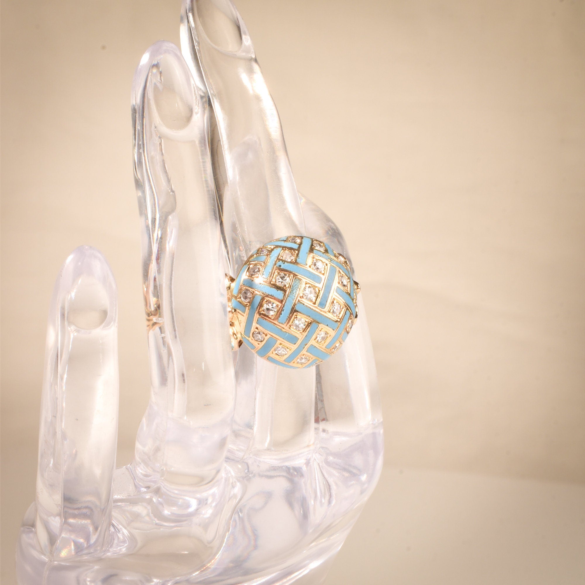 Estate 14K Enamel Diamond Cluster Dome Ring, Baby Blue Gingham Pattern Bombe Ring, Van Cleef Style, 3 1/2-5 US