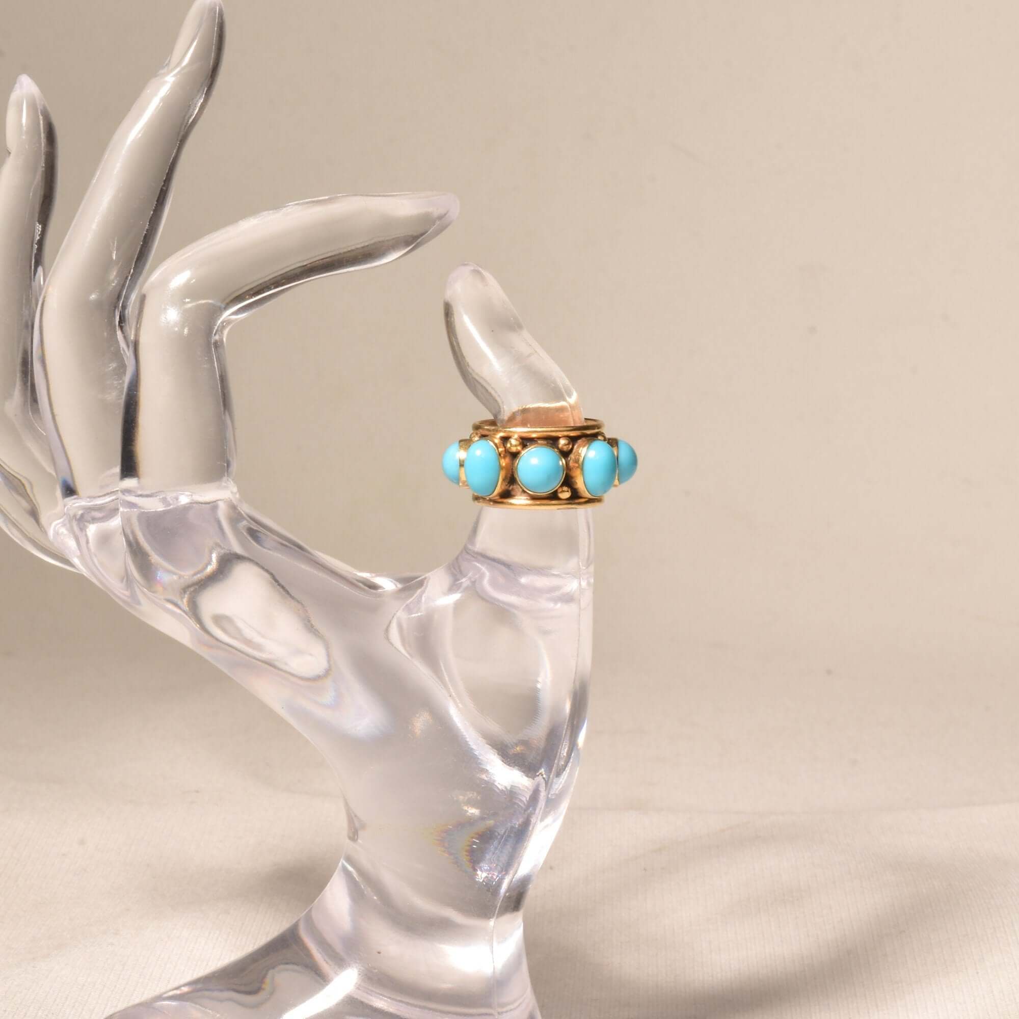Etruscan-Style 14K Turquoise Cabochon Cigar Band Ring