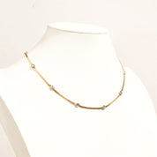 CZ Diamond Station Necklace In 14K Yellow Gold, Bezel Strand Serpentine Chain, Estate Jewelry, 16 1/2" L
