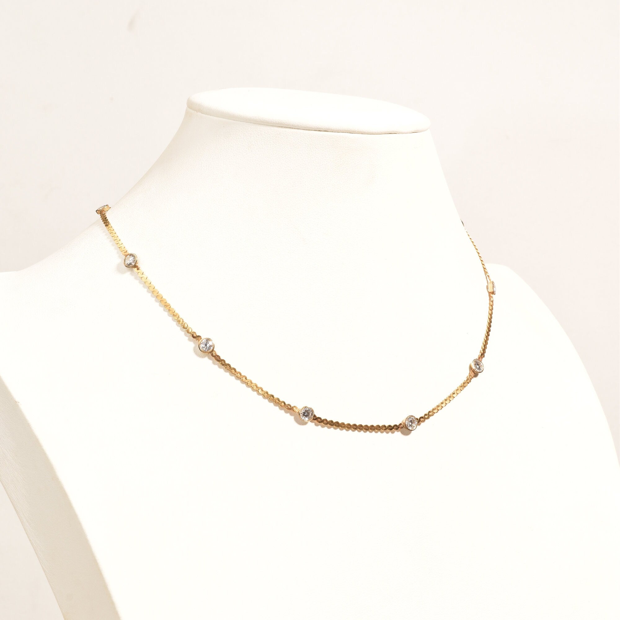 CZ Diamond Station Necklace In 14K Yellow Gold, Bezel Strand Serpentine Chain, Estate Jewelry, 16 1/2" L