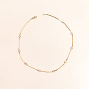 CZ Diamond Station Necklace In 14K Yellow Gold, Bezel Strand Serpentine Chain, Estate Jewelry, 16 1/2" L