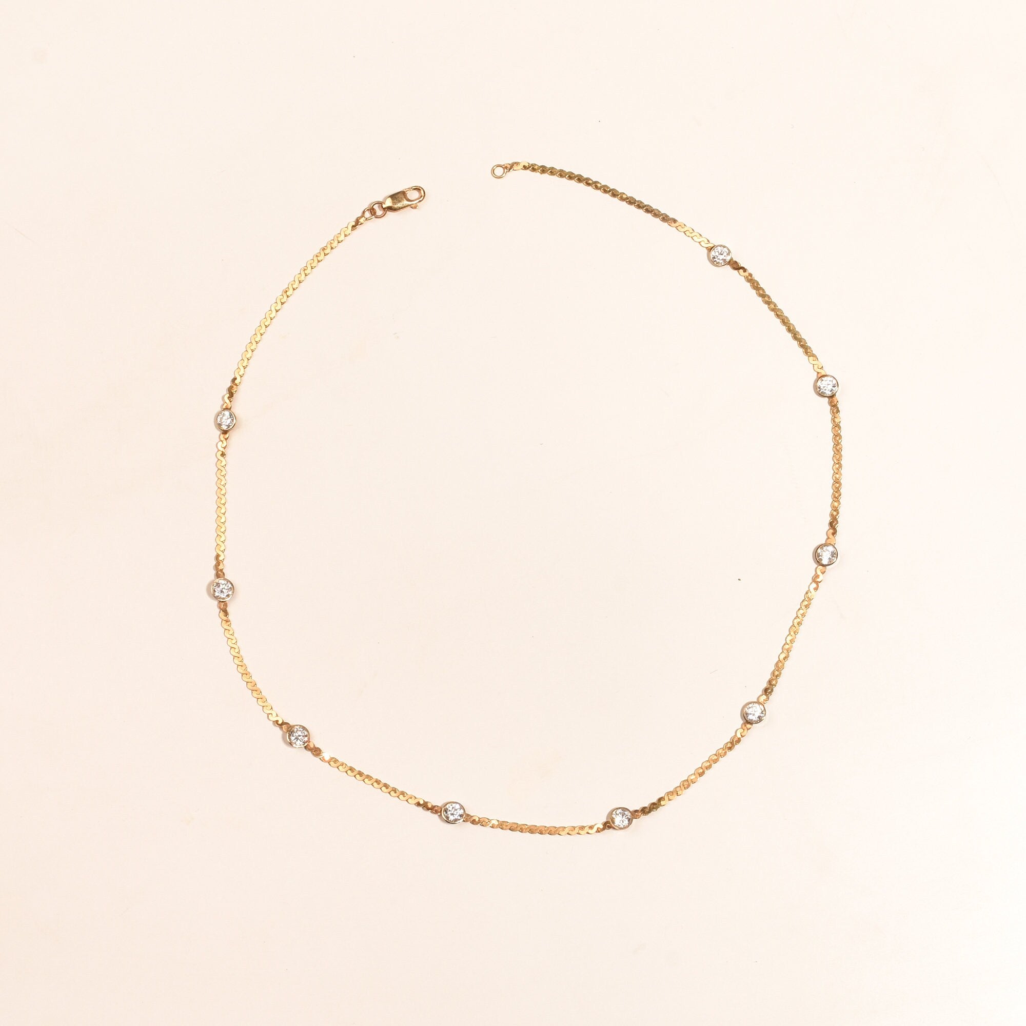 CZ Diamond Station Necklace In 14K Yellow Gold, Bezel Strand Serpentine Chain, Estate Jewelry, 16 1/2" L