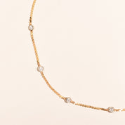 CZ Diamond Station Necklace In 14K Yellow Gold, Bezel Strand Serpentine Chain, Estate Jewelry, 16 1/2" L
