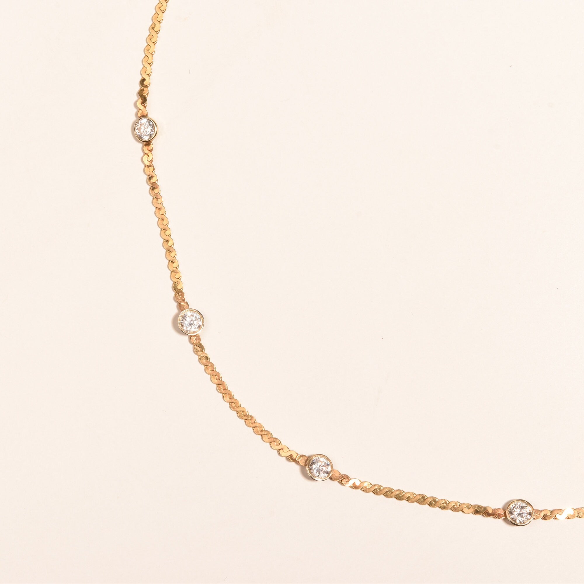 CZ Diamond Station Necklace In 14K Yellow Gold, Bezel Strand Serpentine Chain, Estate Jewelry, 16 1/2" L