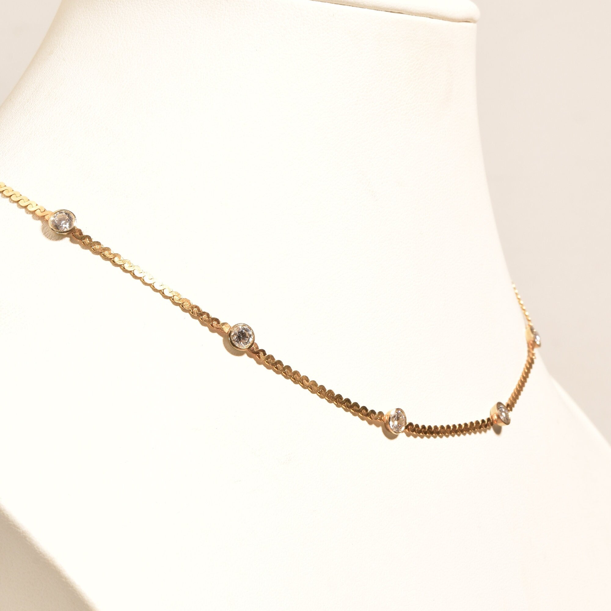 CZ Diamond Station Necklace In 14K Yellow Gold, Bezel Strand Serpentine Chain, Estate Jewelry, 16 1/2" L