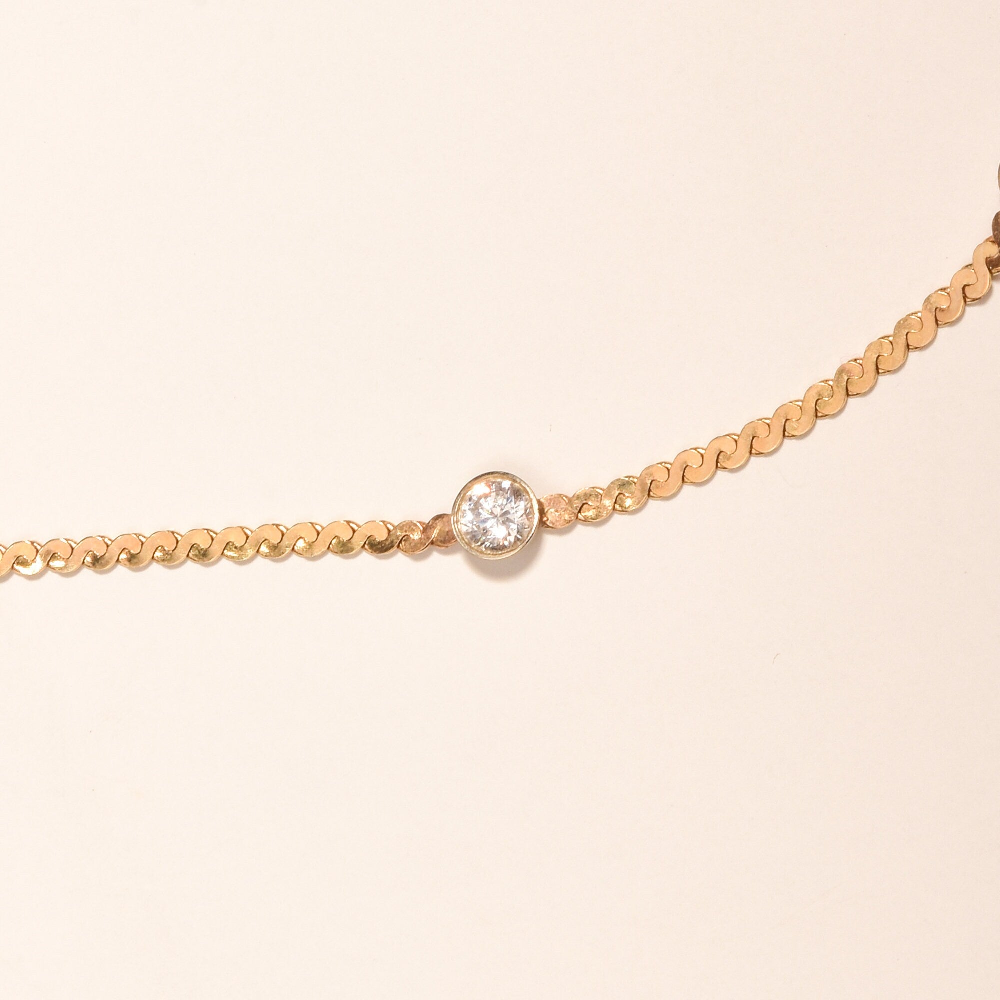 CZ Diamond Station Necklace In 14K Yellow Gold, Bezel Strand Serpentine Chain, Estate Jewelry, 16 1/2" L