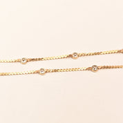 CZ Diamond Station Necklace In 14K Yellow Gold, Bezel Strand Serpentine Chain, Estate Jewelry, 16 1/2" L