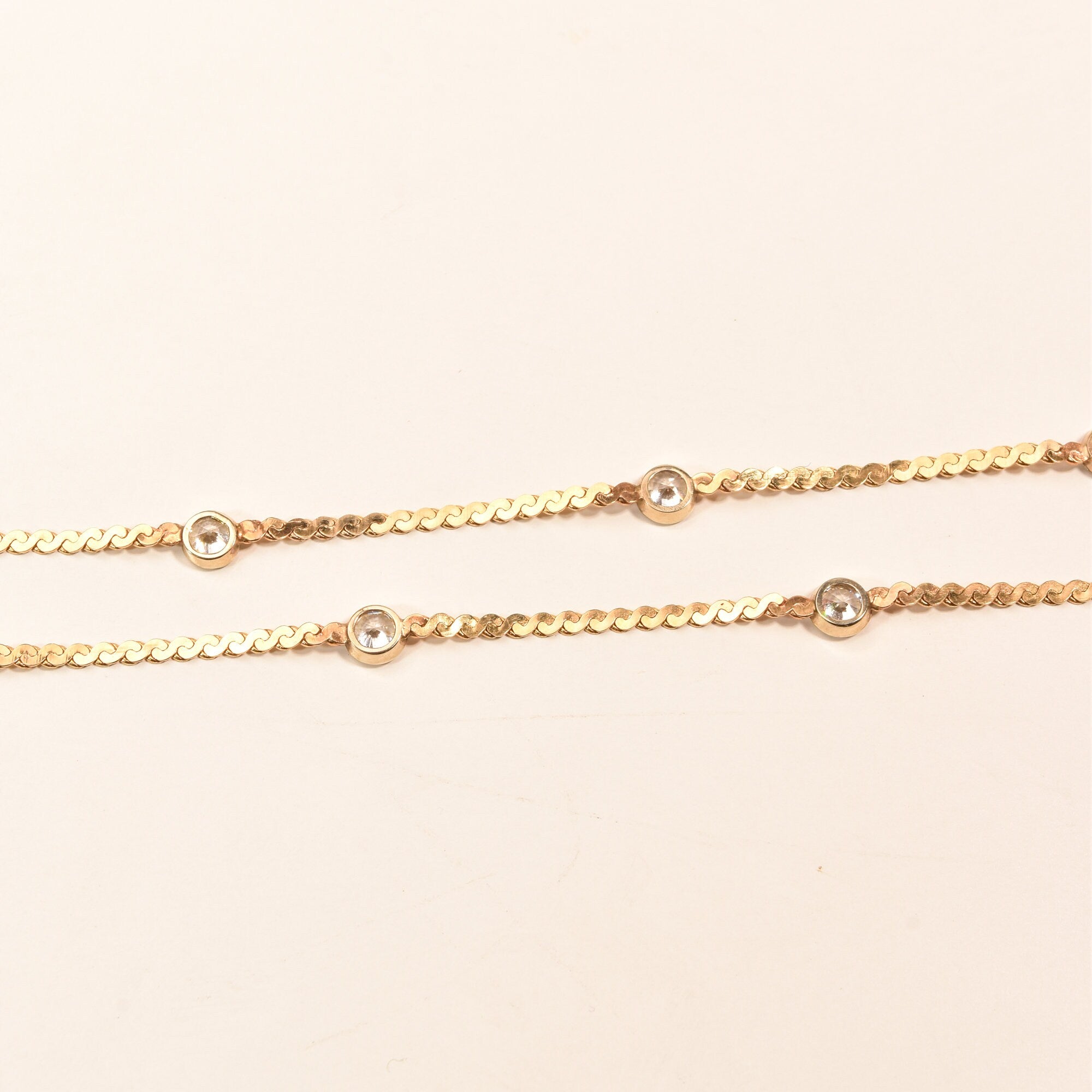 CZ Diamond Station Necklace In 14K Yellow Gold, Bezel Strand Serpentine Chain, Estate Jewelry, 16 1/2" L